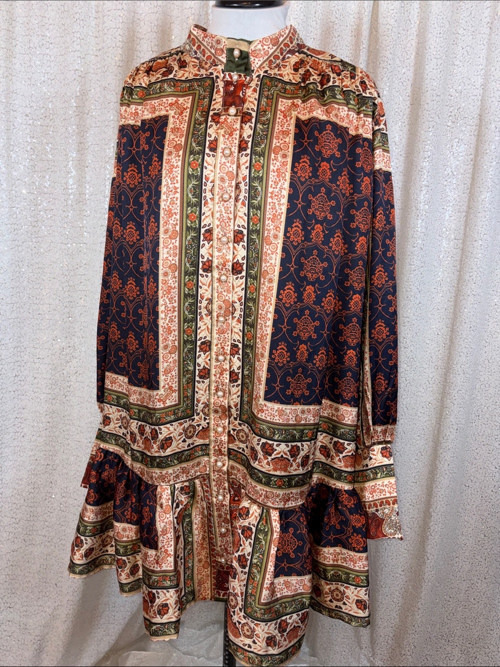 Pearl-Button Bohemian Satin Drop Waist Dress- Olive & Rust - Picture 6 of 7